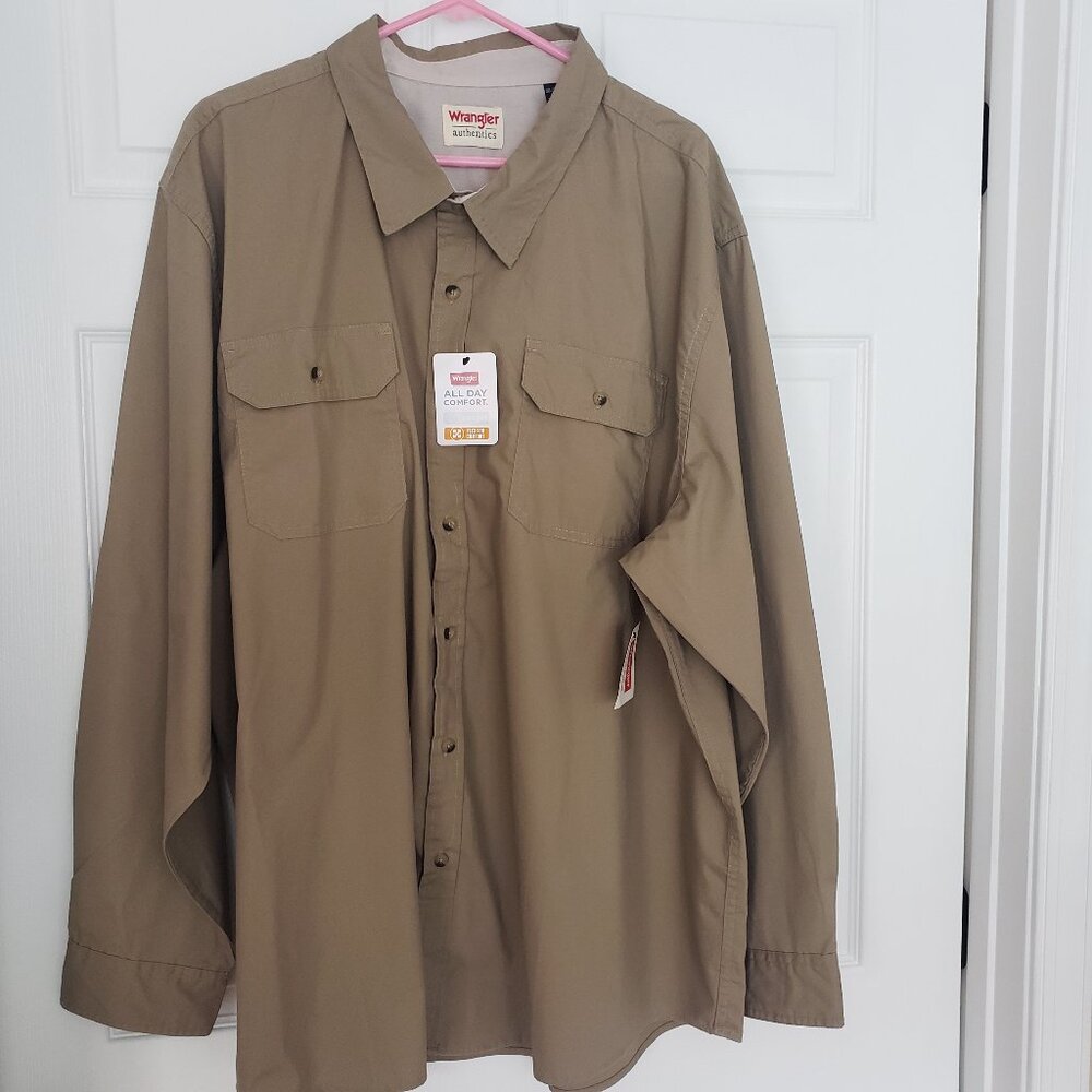 Wrangler Authentics Men's Classic Woven‎ Long Sleeve Button Shirt Tan Sz 3XL New